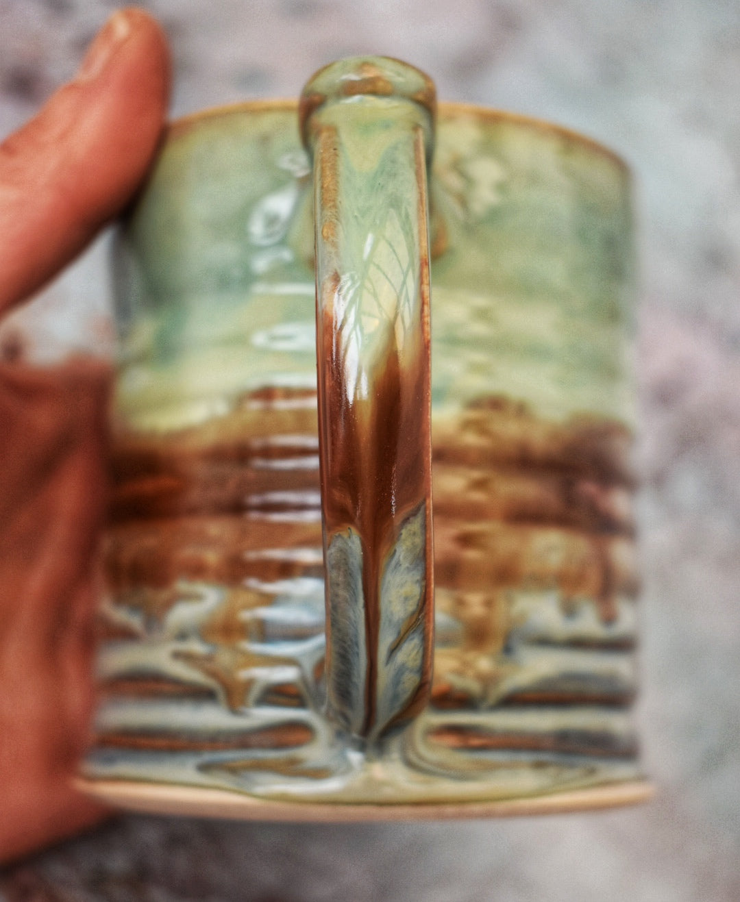Large Handmade Mug, Jade, copper & blue glazes, 400ml plus