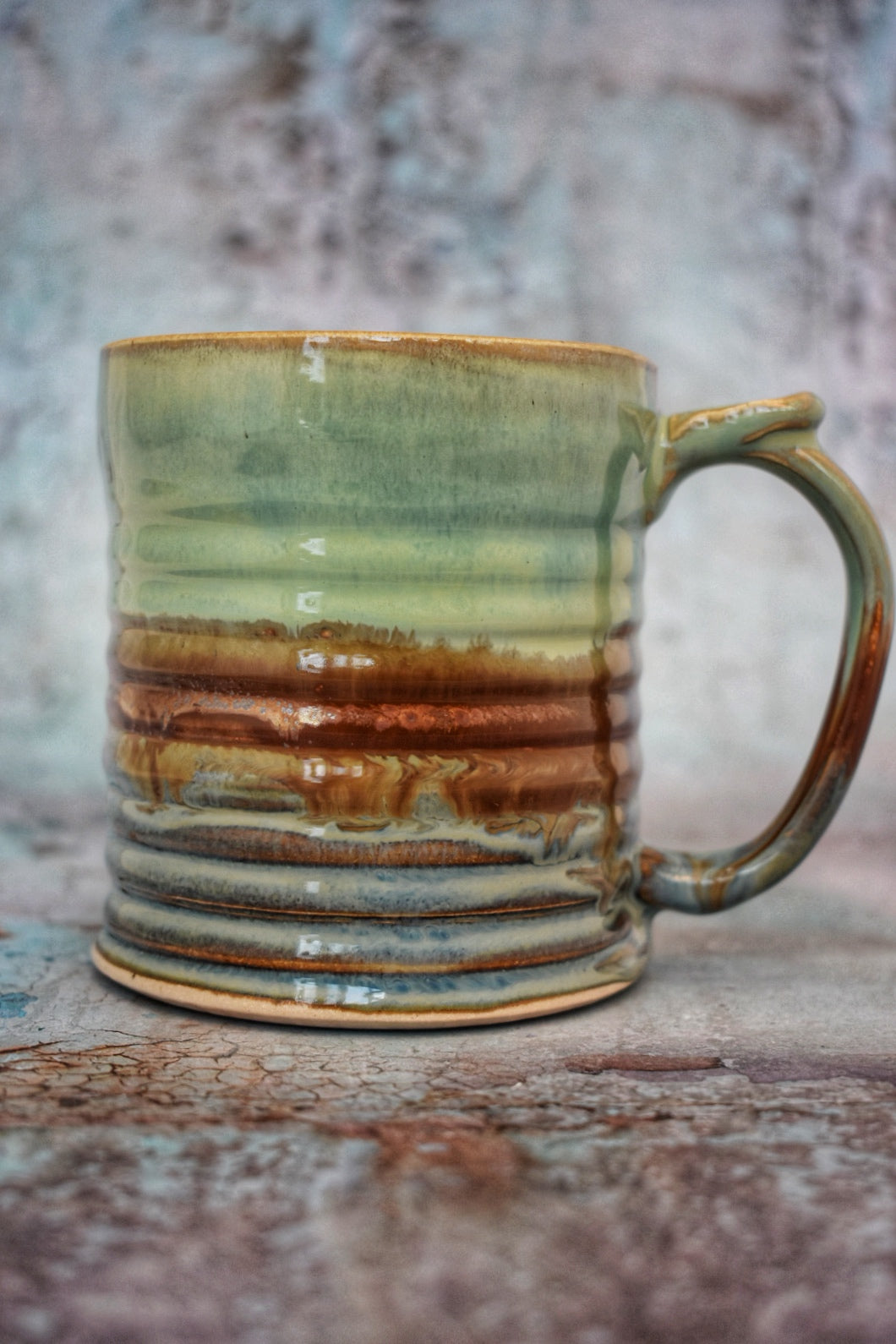 Large Handmade Mug, Jade, copper & blue glazes, 400ml plus