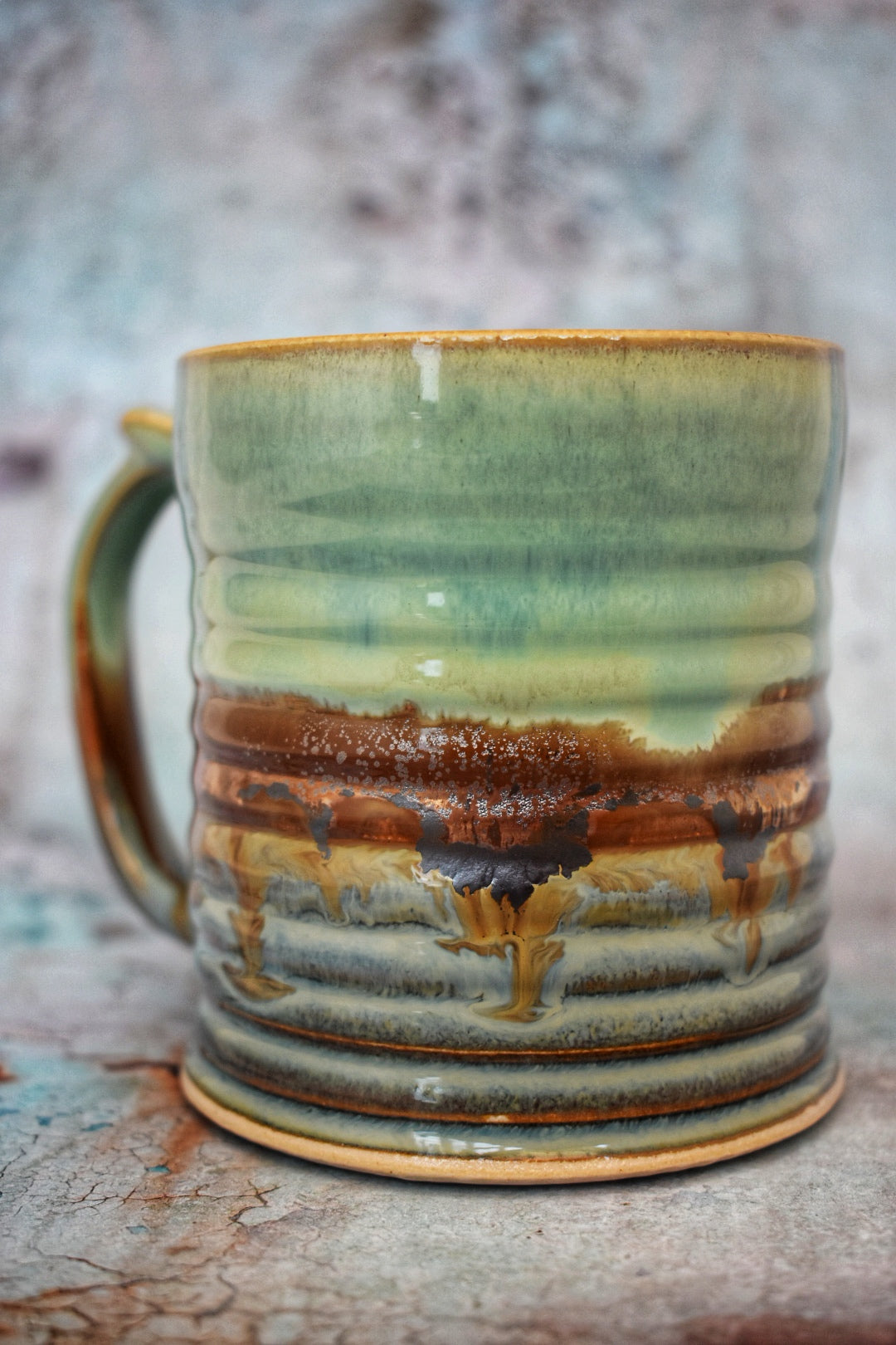 Large Handmade Mug, Jade, copper & blue glazes, 400ml plus