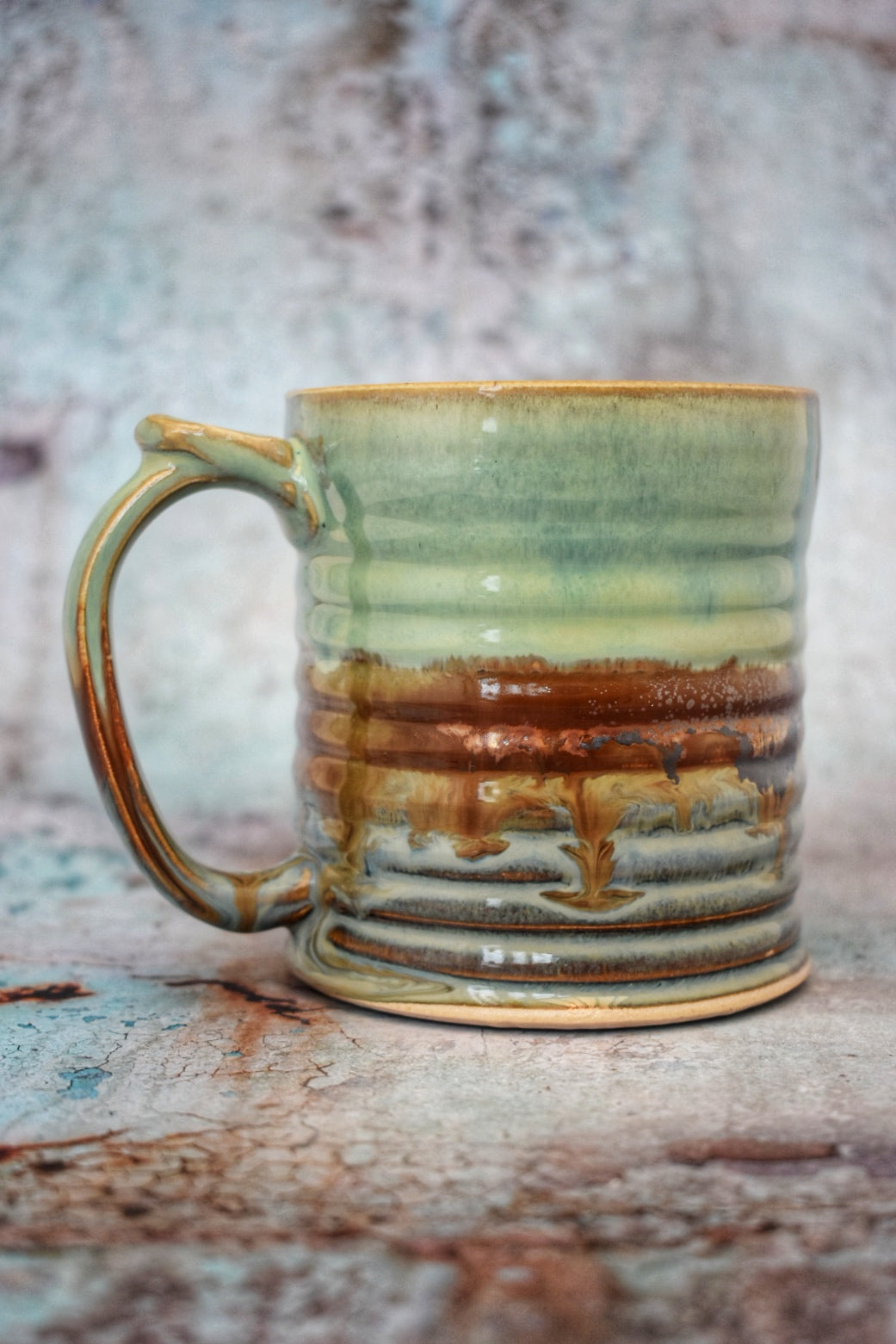 Large Handmade Mug, Jade, copper & blue glazes, 400ml plus