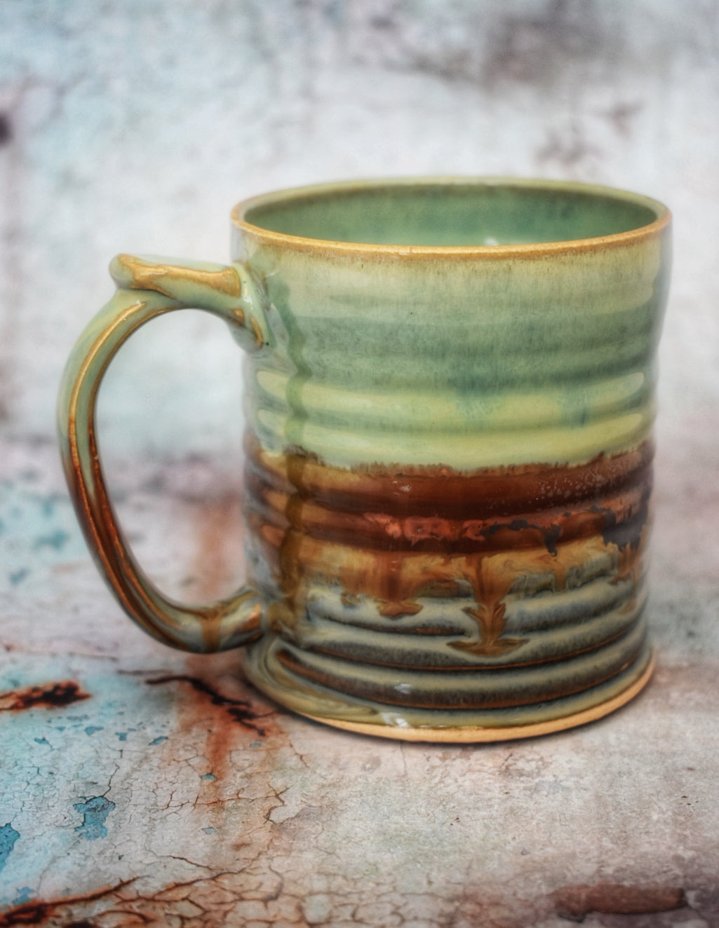 Large Handmade Mug, Jade, copper & blue glazes, 400ml plus