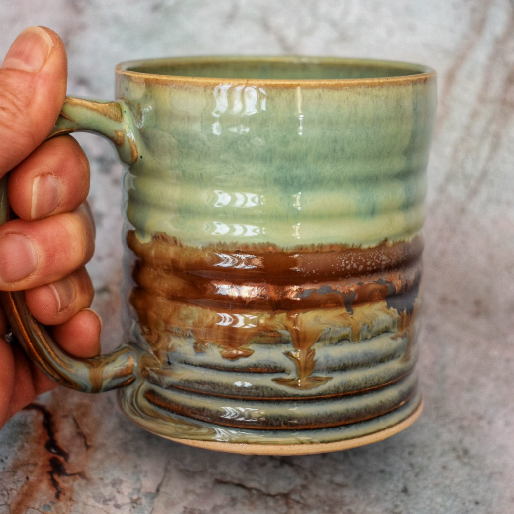 Large Handmade Mug, Jade, copper & blue glazes, 400ml plus