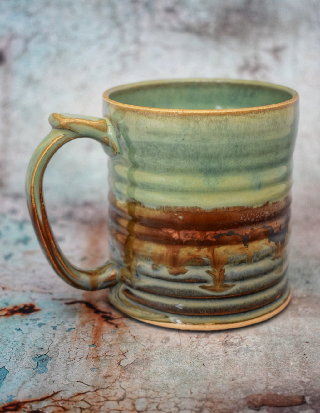 Large Handmade Mug, Jade, copper & blue glazes, 400ml plus