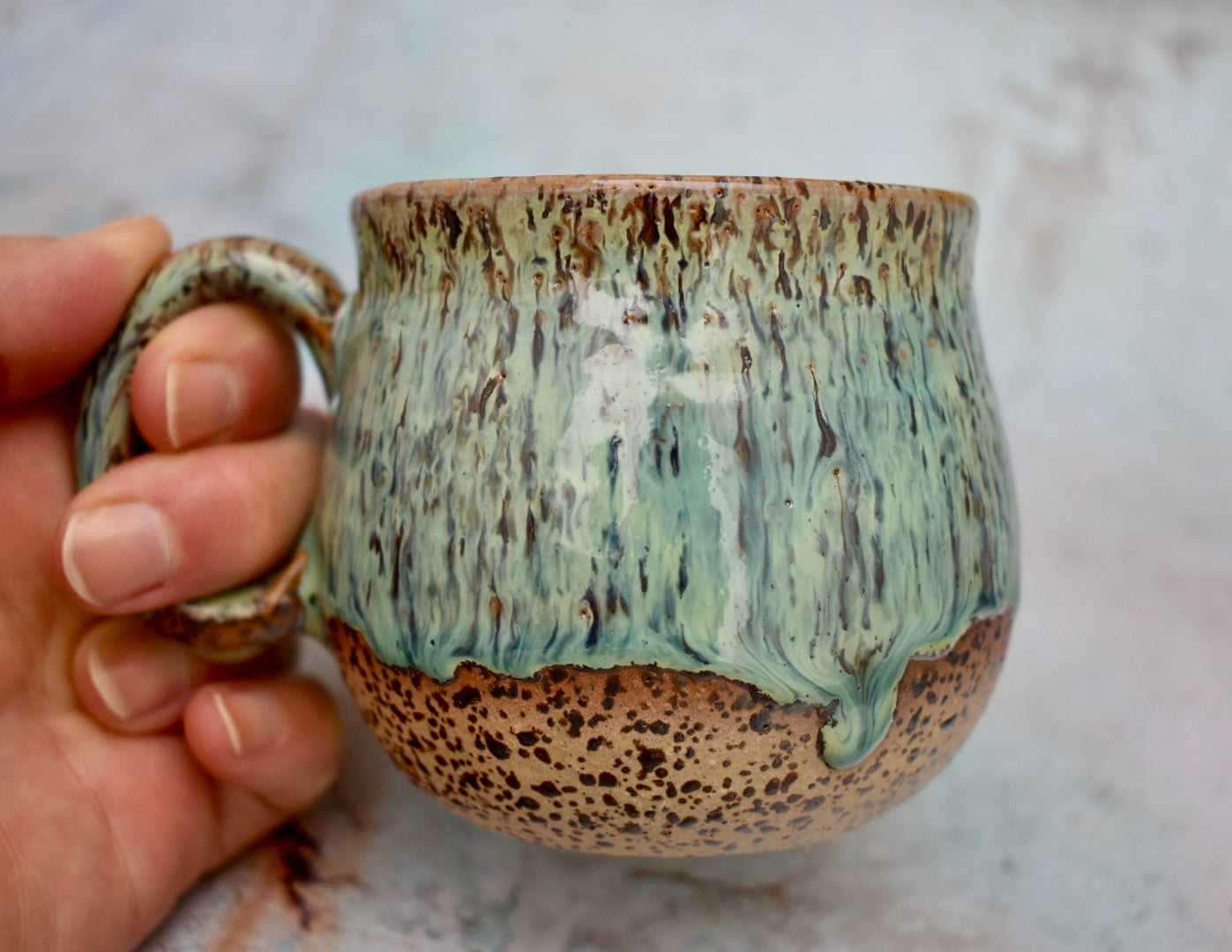 Handmade Hug Mug, speckled clay with green drippy glaze, 300ml Unique Gift