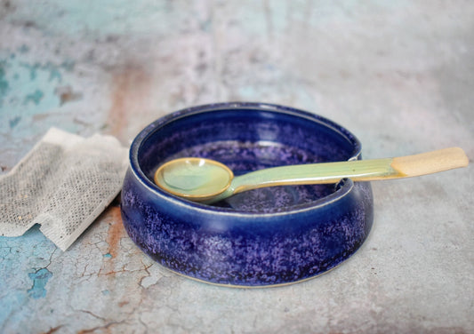 Ceramic Tea Bag Holder, Teaspoon Rest, Purple, Little Pottery Dish, 9cm dia, Pots About Pottery
