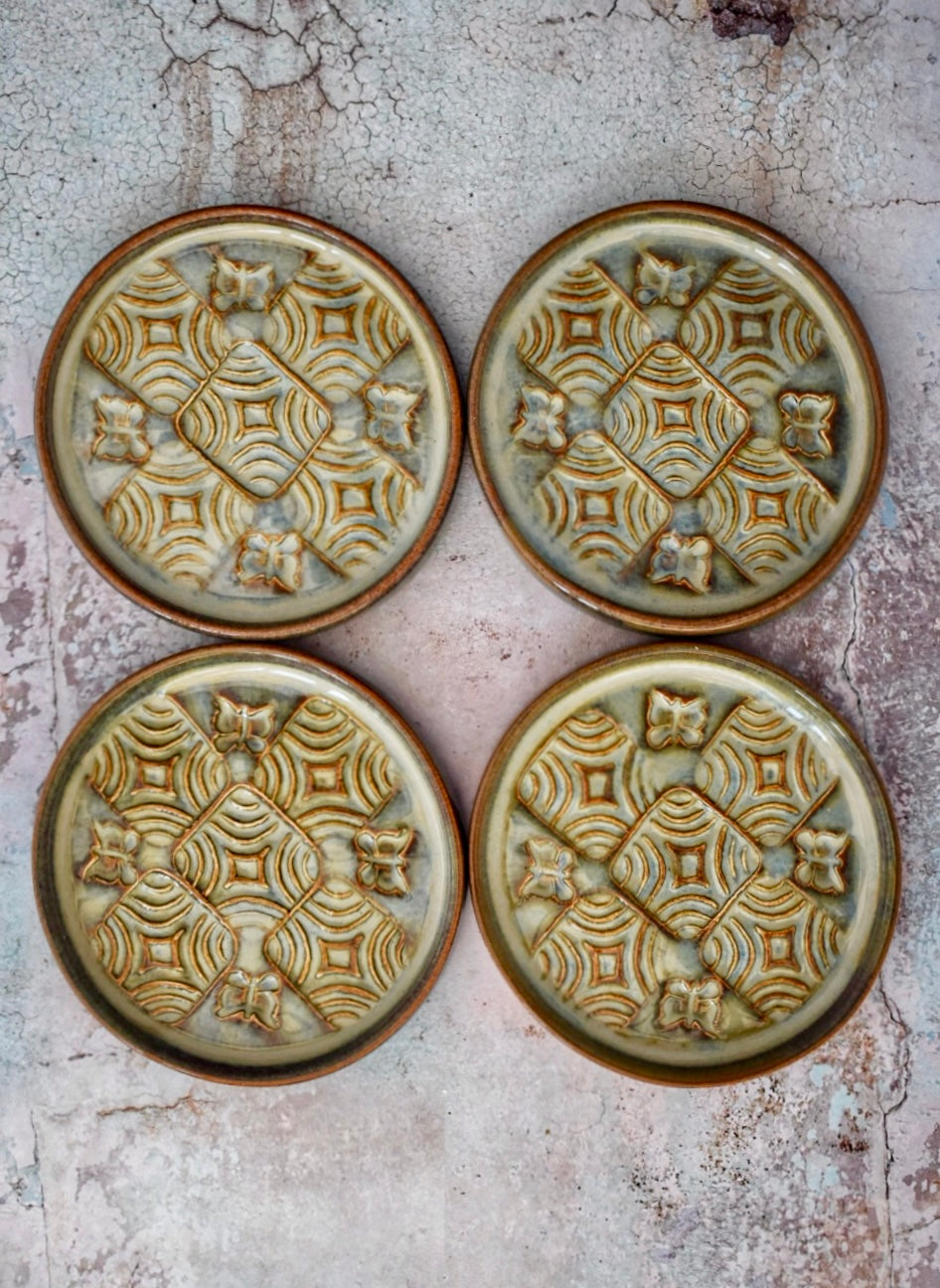 Ceramic Coasters, Set of 4, Handmade, Cup Mat, Blue/Green Glaze, Embossed Pattern, Butterfly