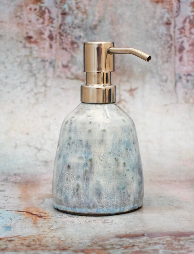 Ceramic Soap Dispenser Pump, Sea Foam Blue & Black Stoneware, Handmade Bottle with Pump