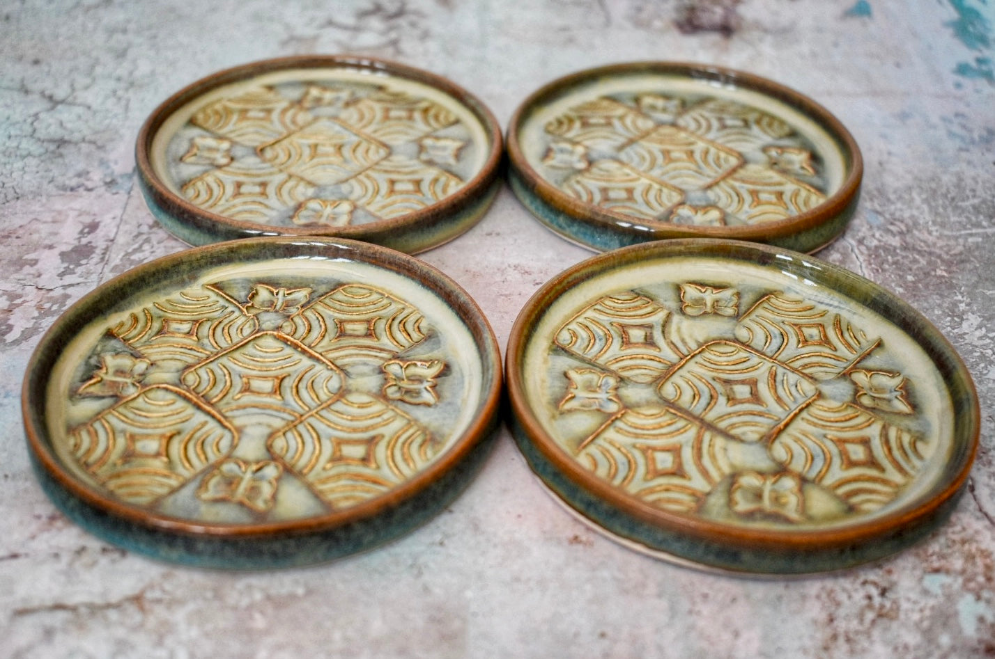 Ceramic Coasters, Set of 4, Handmade, Cup Mat, Blue/Green Glaze, Embossed Pattern, Butterfly