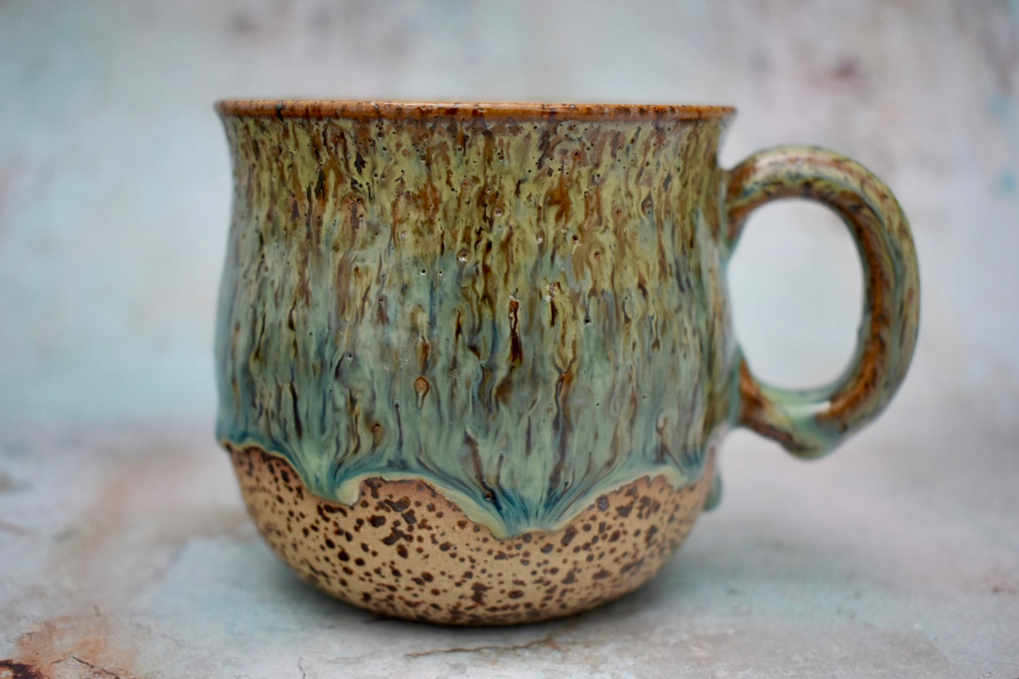 Handmade Hug Mug, speckled clay with green drippy glaze, 300ml Unique Gift