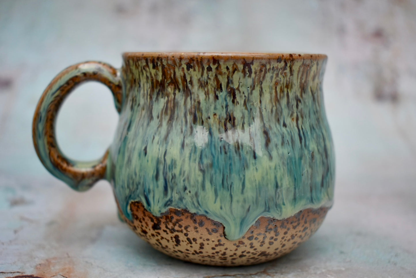 Handmade Hug Mug, speckled clay with green drippy glaze, 300ml Unique Gift