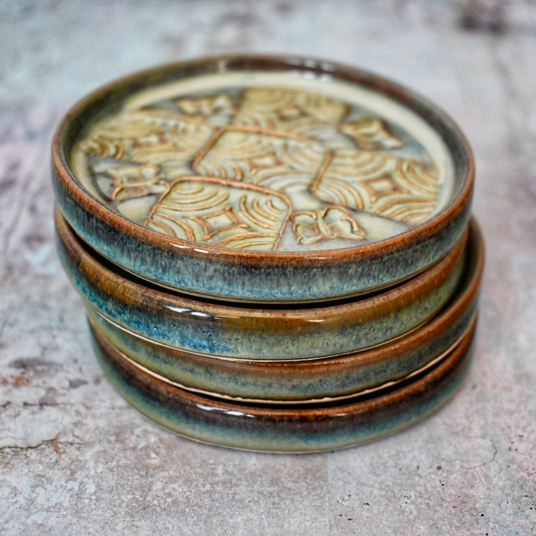 Ceramic Coasters, Set of 4, Handmade, Cup Mat, Blue/Green Glaze, Embossed Pattern, Butterfly