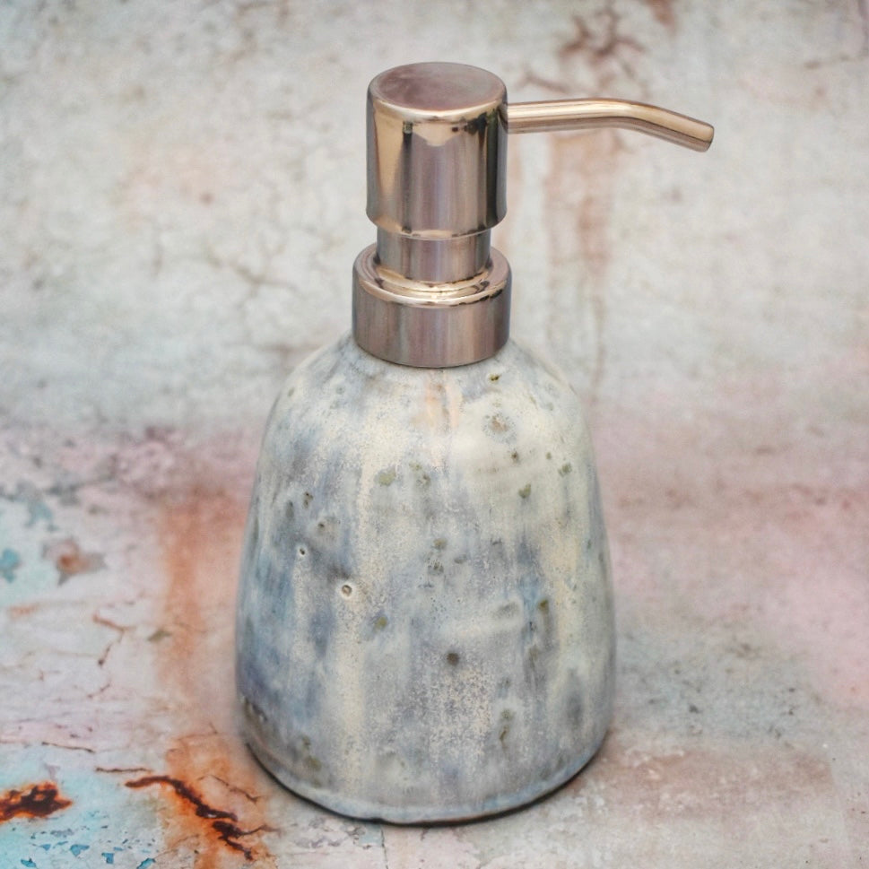 Ceramic Soap Dispenser Pump, Sea Foam Blue & Black Stoneware, Handmade Bottle with Pump