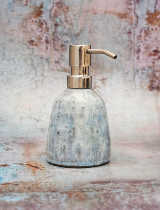 Ceramic Soap Dispenser Pump, Sea Foam Blue & Black Stoneware, Handmade Bottle with Pump