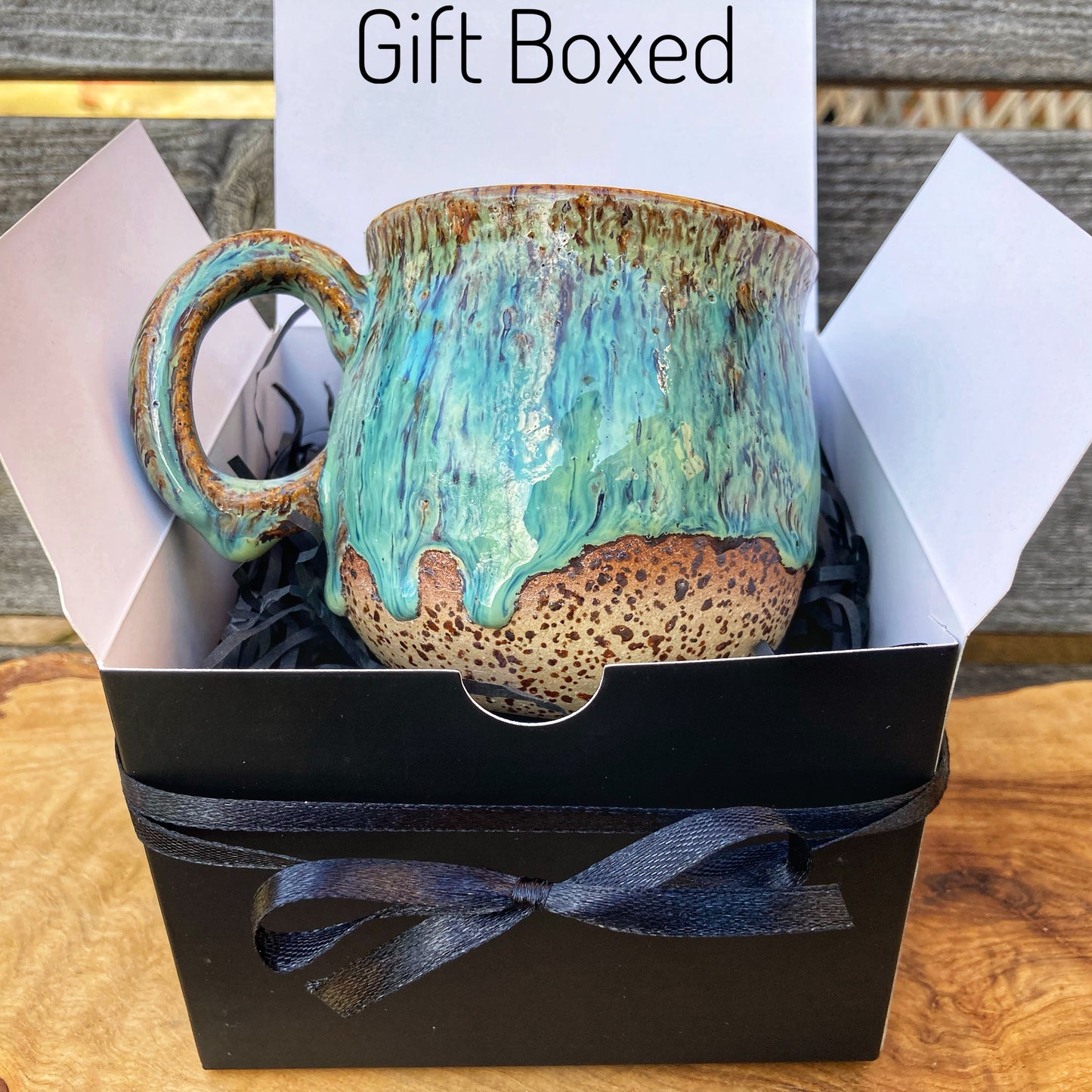 Handmade Hug Mug, speckled clay with green drippy glaze, 300ml Unique Gift