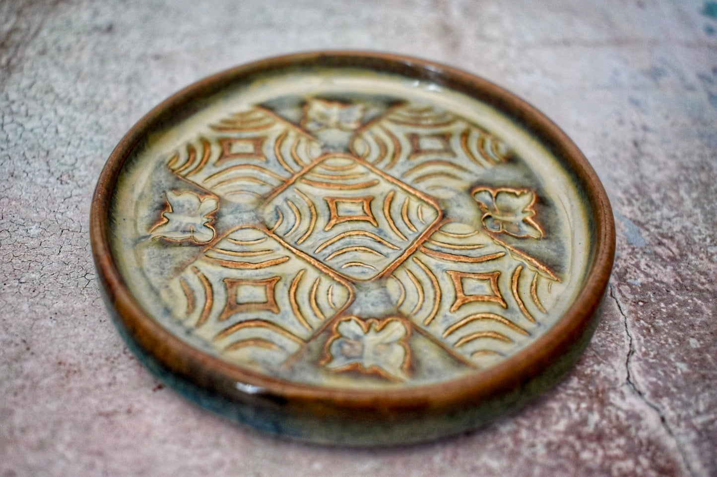 Ceramic Coasters, Set of 4, Handmade, Cup Mat, Blue/Green Glaze, Embossed Pattern, Butterfly