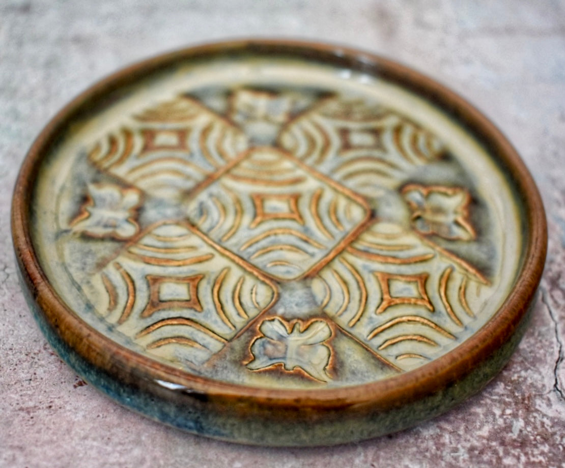 Ceramic Coasters, Set of 4, Handmade, Cup Mat, Blue/Green Glaze, Embossed Pattern, Butterfly