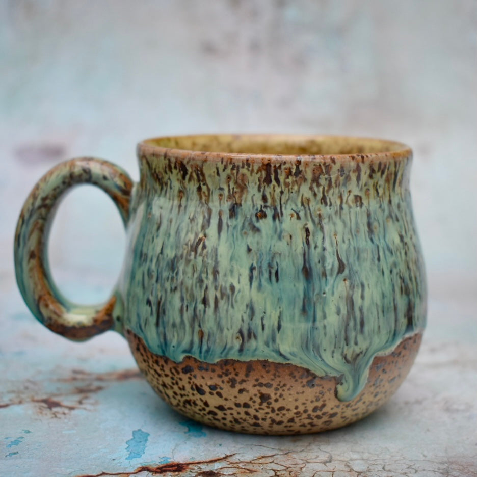 Handmade Hug Mug, speckled clay with green drippy glaze, 300ml Unique Gift