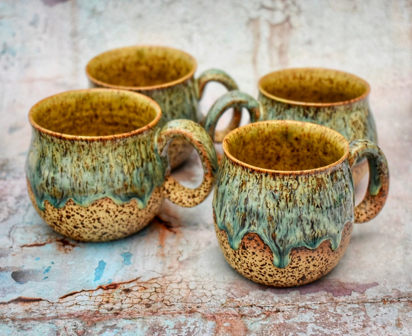 Handmade Hug Mug, speckled clay with green drippy glaze, 300ml Unique Gift