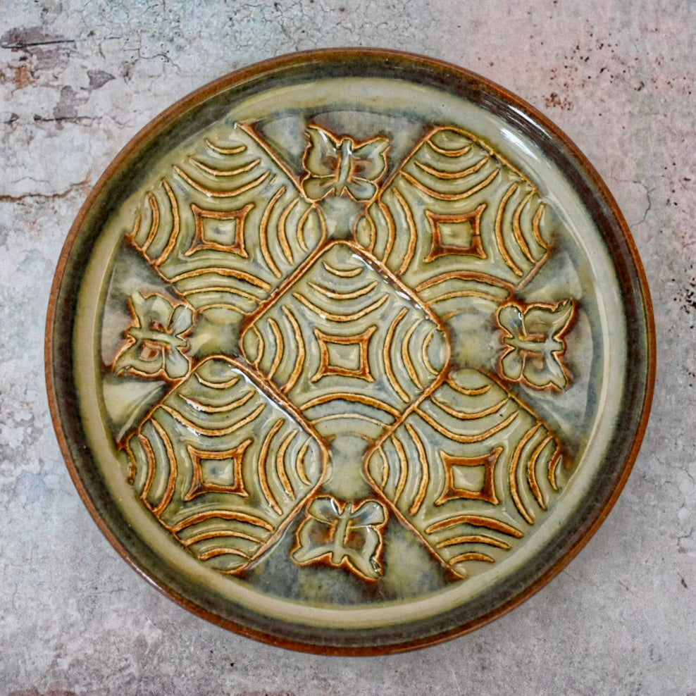 Ceramic Coasters, Set of 4, Handmade, Cup Mat, Blue/Green Glaze, Embossed Pattern, Butterfly