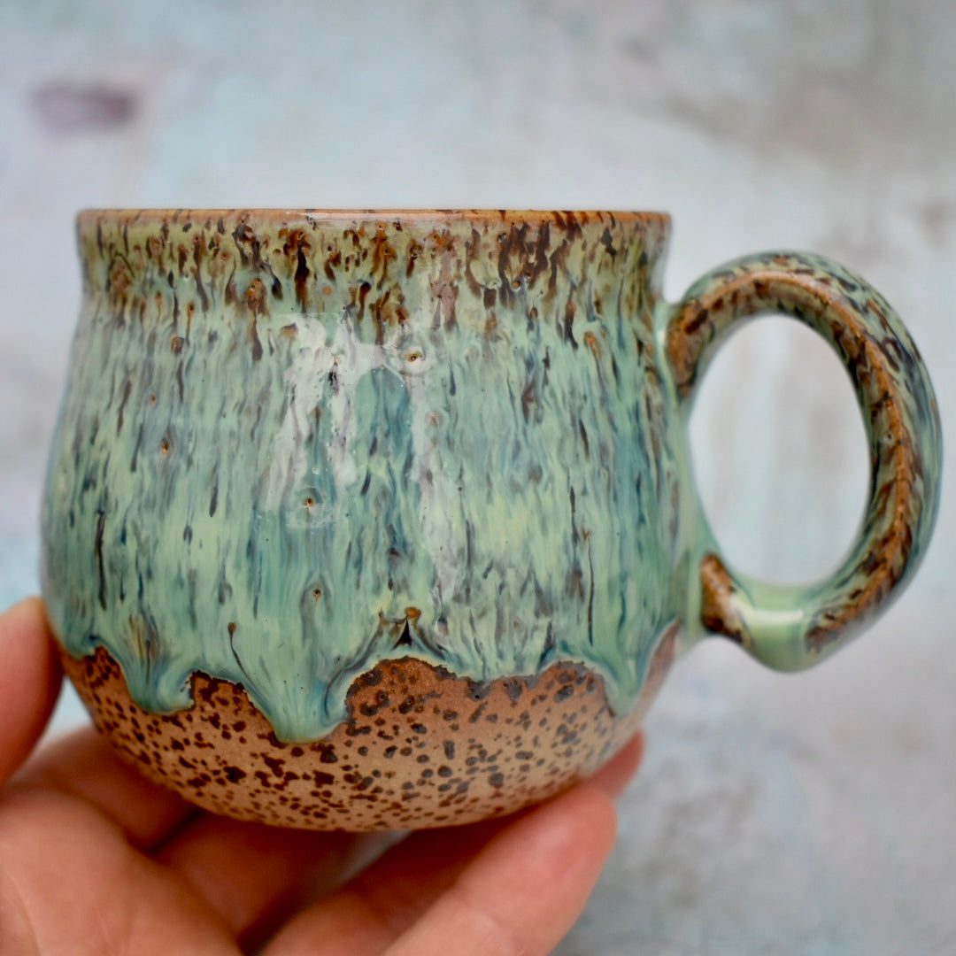 Handmade Hug Mug, speckled clay with green drippy glaze, 300ml Unique Gift