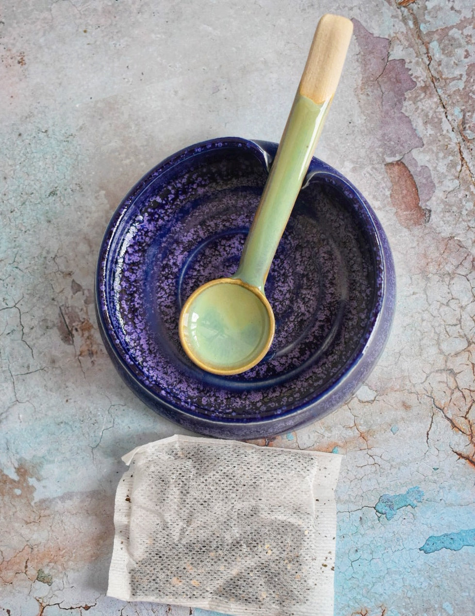 Ceramic Tea Bag Holder, Teaspoon Rest, Purple, Little Pottery Dish, 9cm dia, Pots About Pottery