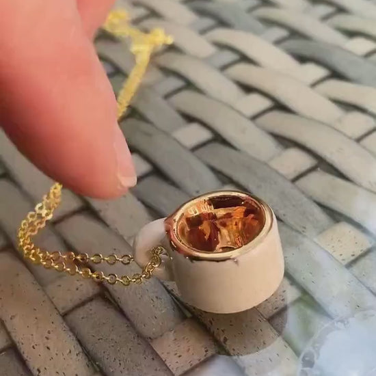 Micro Mug Necklace, White & Gold Mini Pottery Teacup Pendant, unique gift