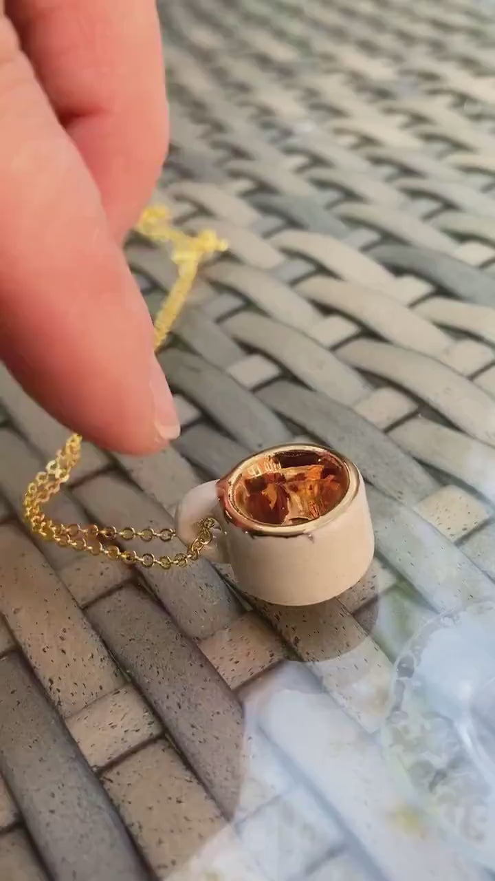 Micro Mug Necklace, White & Gold Mini Pottery Teacup Pendant, unique gift