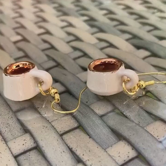 Micro Mug Earrings, White & Gold Mini Pottery Teacup drop earrings, unique gift