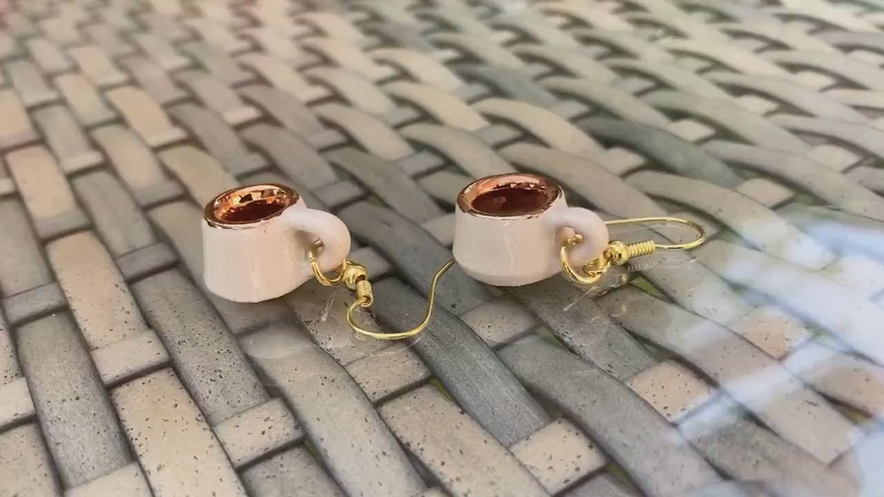 Micro Mug Earrings, White & Gold Mini Pottery Teacup drop earrings, unique gift