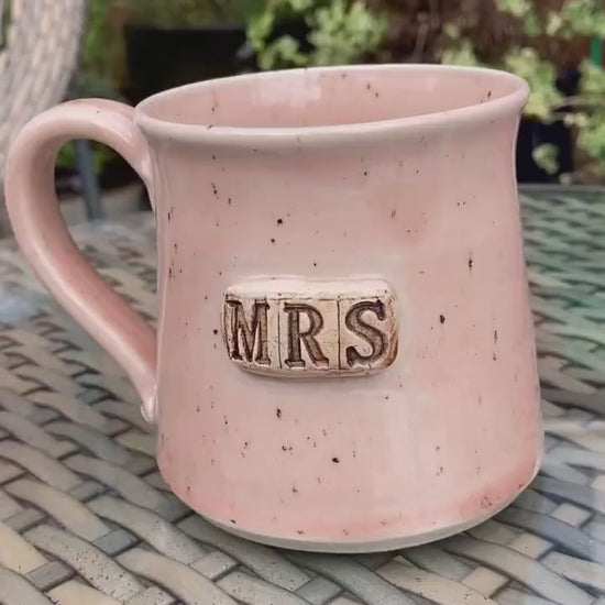 Handmade ‘MRS’ Mug, speckled pale pink glaze, 300ml Unique Wedding Gift for her