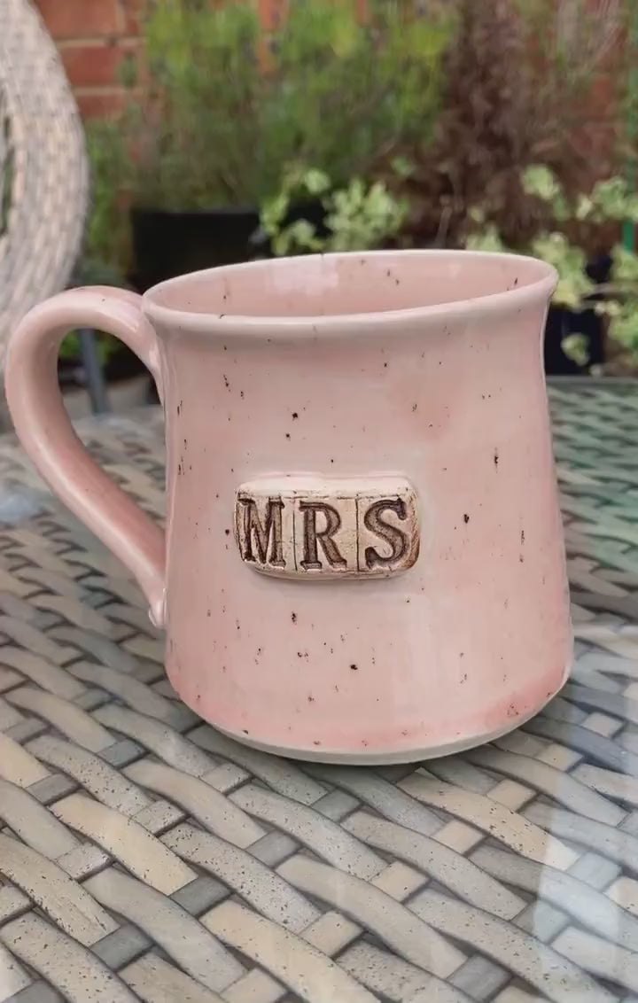 Handmade ‘MRS’ Mug, speckled pale pink glaze, 300ml Unique Wedding Gift for her