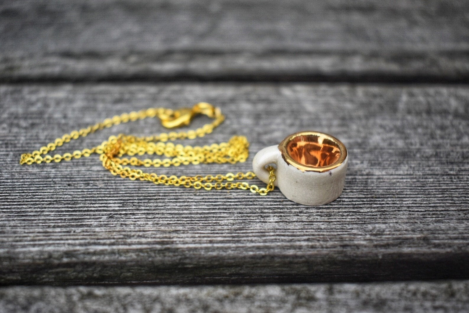 Micro Mug Necklace, White & Gold Mini Pottery Teacup Pendant, unique gift, miniature ceramic jewelry/jewellery, wheel-thrown stoneware