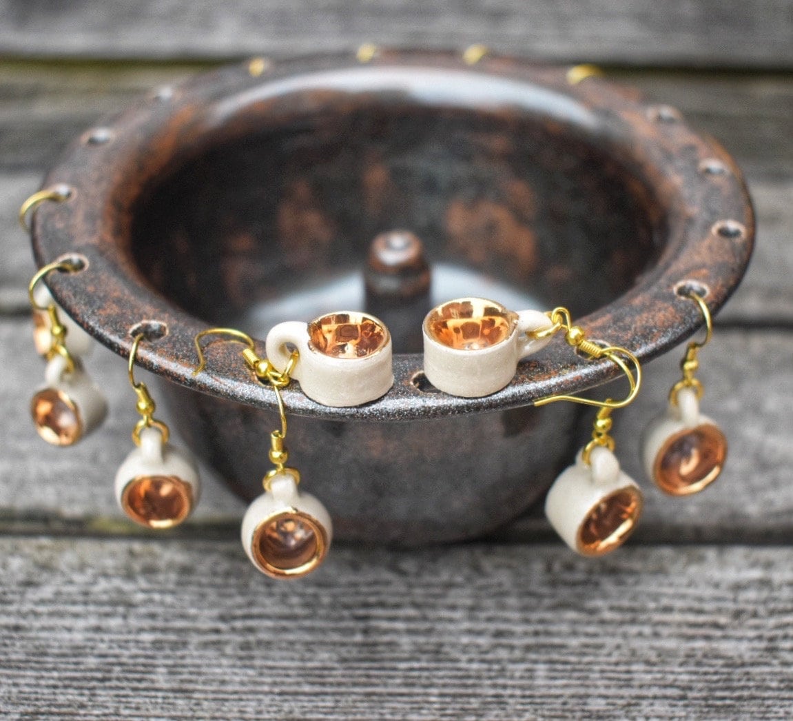 Micro Mug Earrings, White & Gold Mini Pottery Teacup drop earrings, unique gift, miniature ceramic jewelry/jewellery, wheel-thrown stoneware