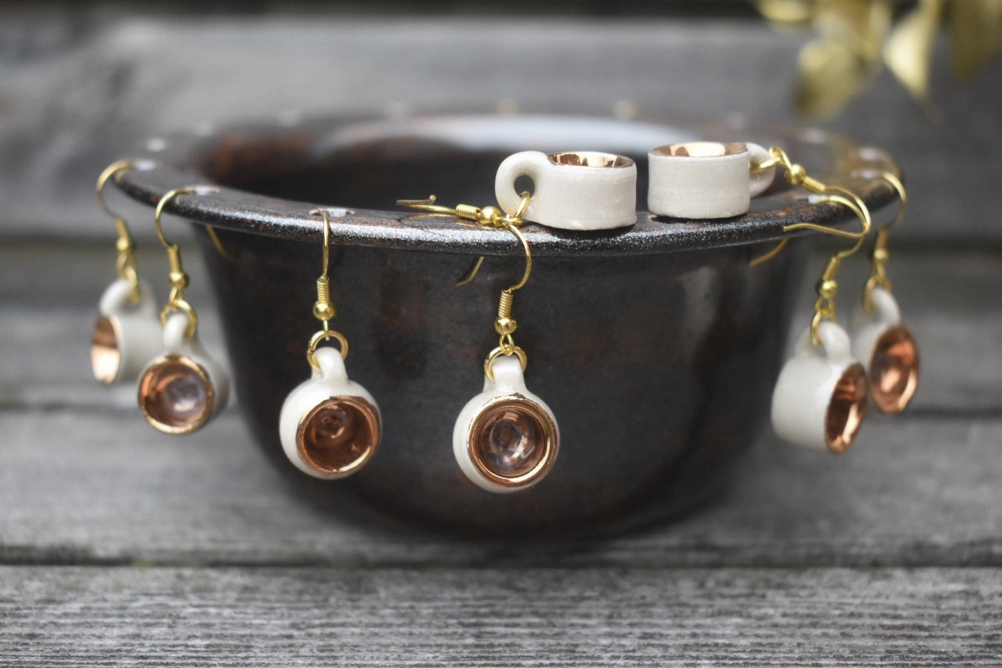 Micro Mug Earrings, White & Gold Mini Pottery Teacup drop earrings, unique gift, miniature ceramic jewelry/jewellery, wheel-thrown stoneware