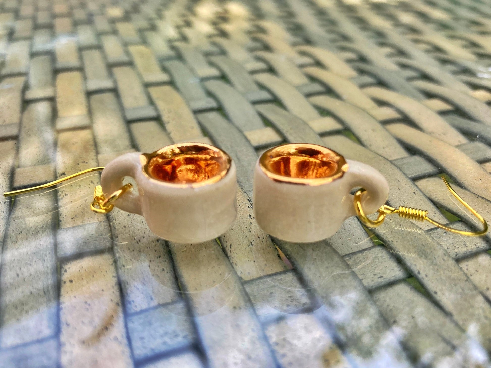 Micro Mug Earrings, White & Gold Mini Pottery Teacup drop earrings, unique gift, miniature ceramic jewelry/jewellery, wheel-thrown stoneware