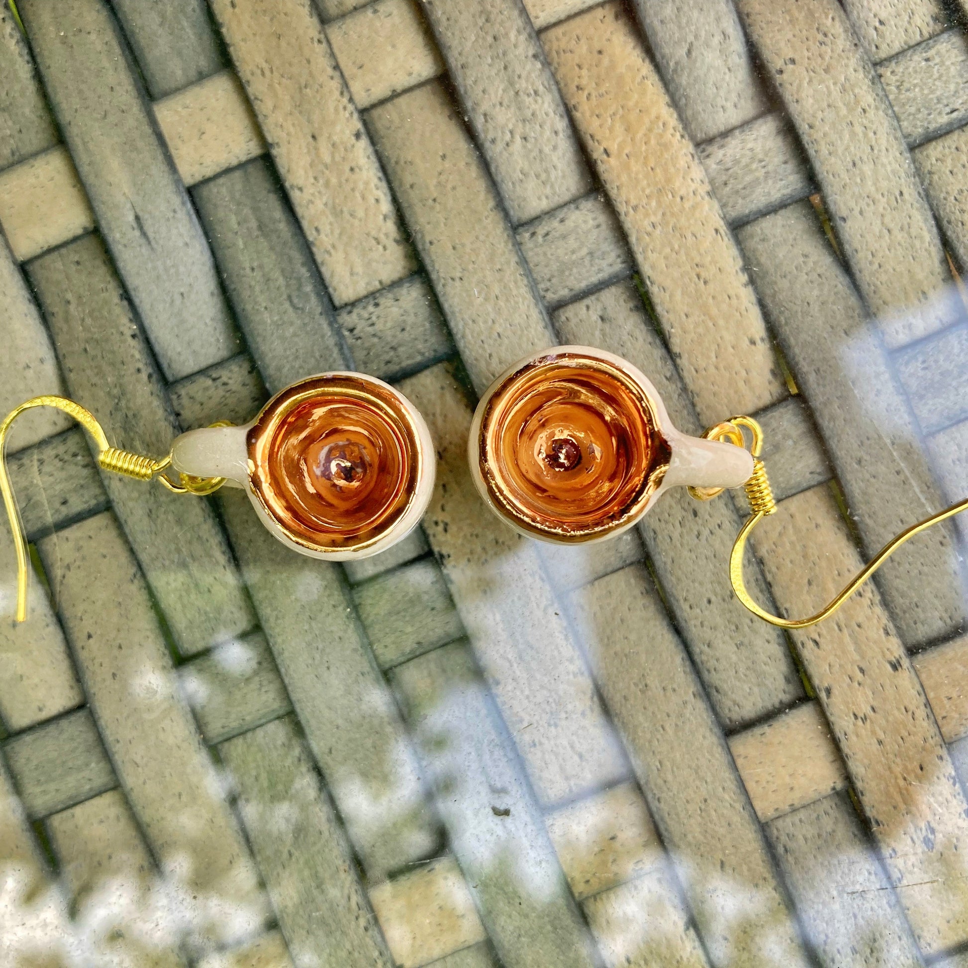 Micro Mug Earrings, White & Gold Mini Pottery Teacup drop earrings, unique gift, miniature ceramic jewelry/jewellery, wheel-thrown stoneware