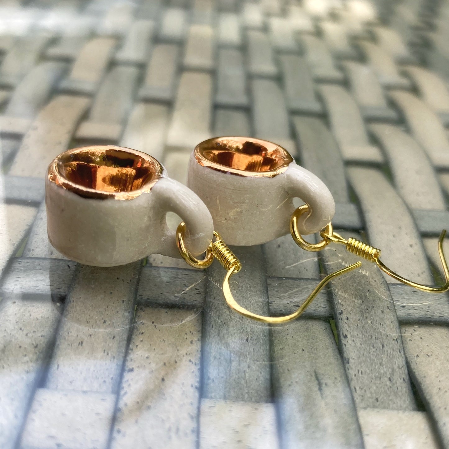 Micro Mug Earrings, White & Gold Mini Pottery Teacup drop earrings, unique gift, miniature ceramic jewelry/jewellery, wheel-thrown stoneware