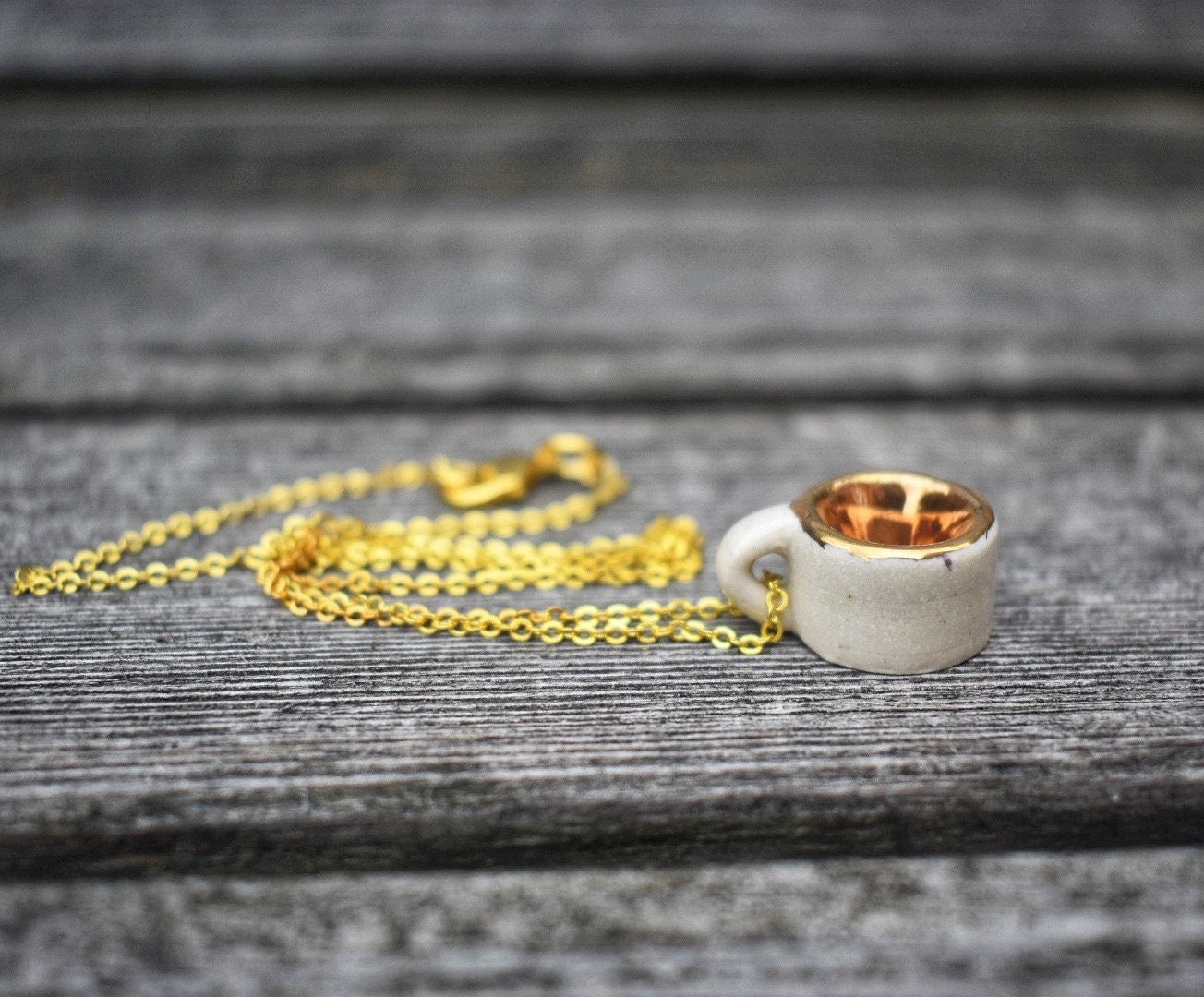 Micro Mug Necklace, White & Gold Mini Pottery Teacup Pendant, unique gift, miniature ceramic jewelry/jewellery, wheel-thrown stoneware