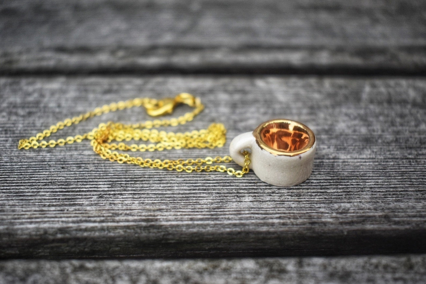 Micro Mug Necklace, White & Gold Mini Pottery Teacup Pendant, unique gift, miniature ceramic jewelry/jewellery, wheel-thrown stoneware