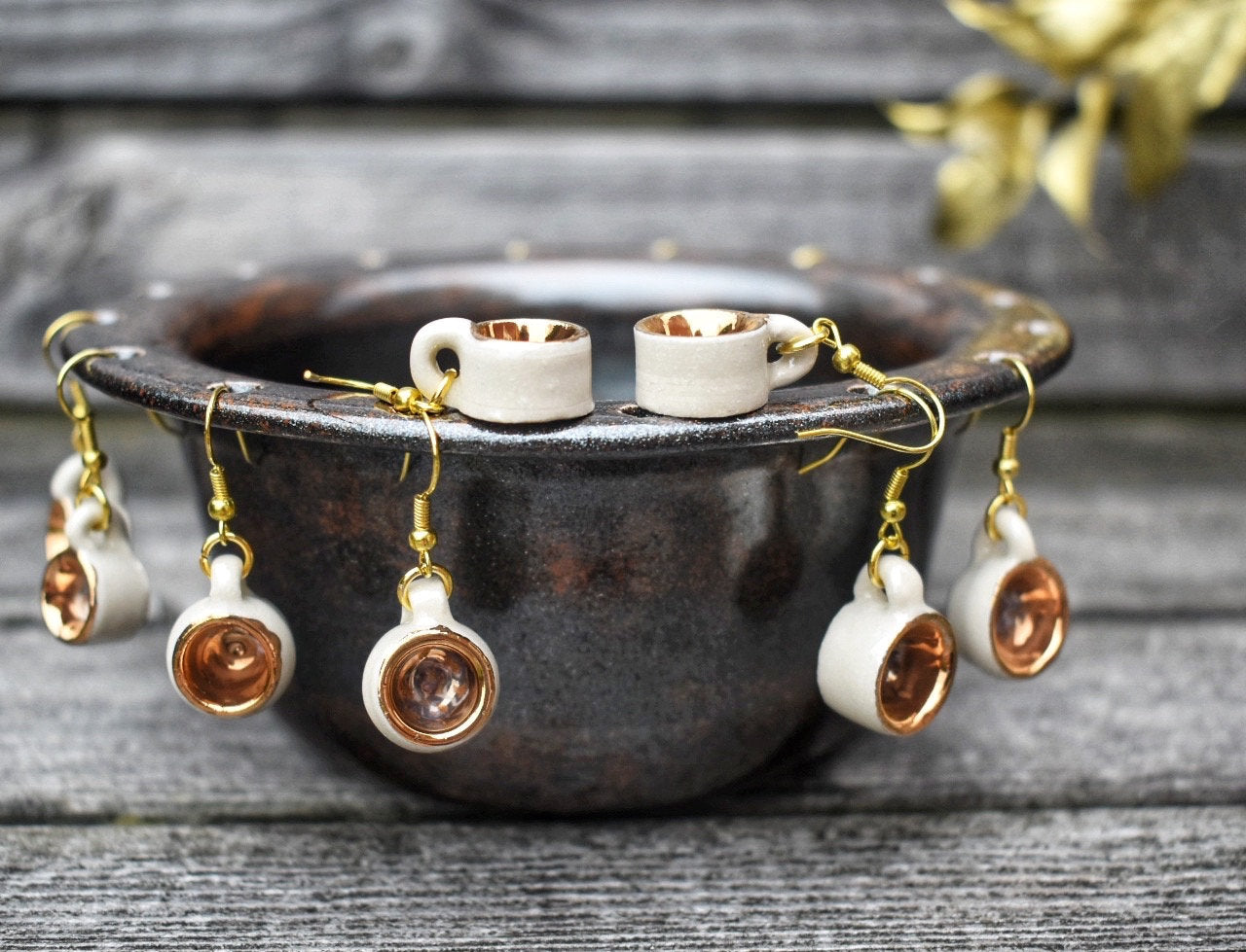 Micro Mug Earrings, White & Gold Mini Pottery Teacup drop earrings, unique gift, miniature ceramic jewelry/jewellery, wheel-thrown stoneware