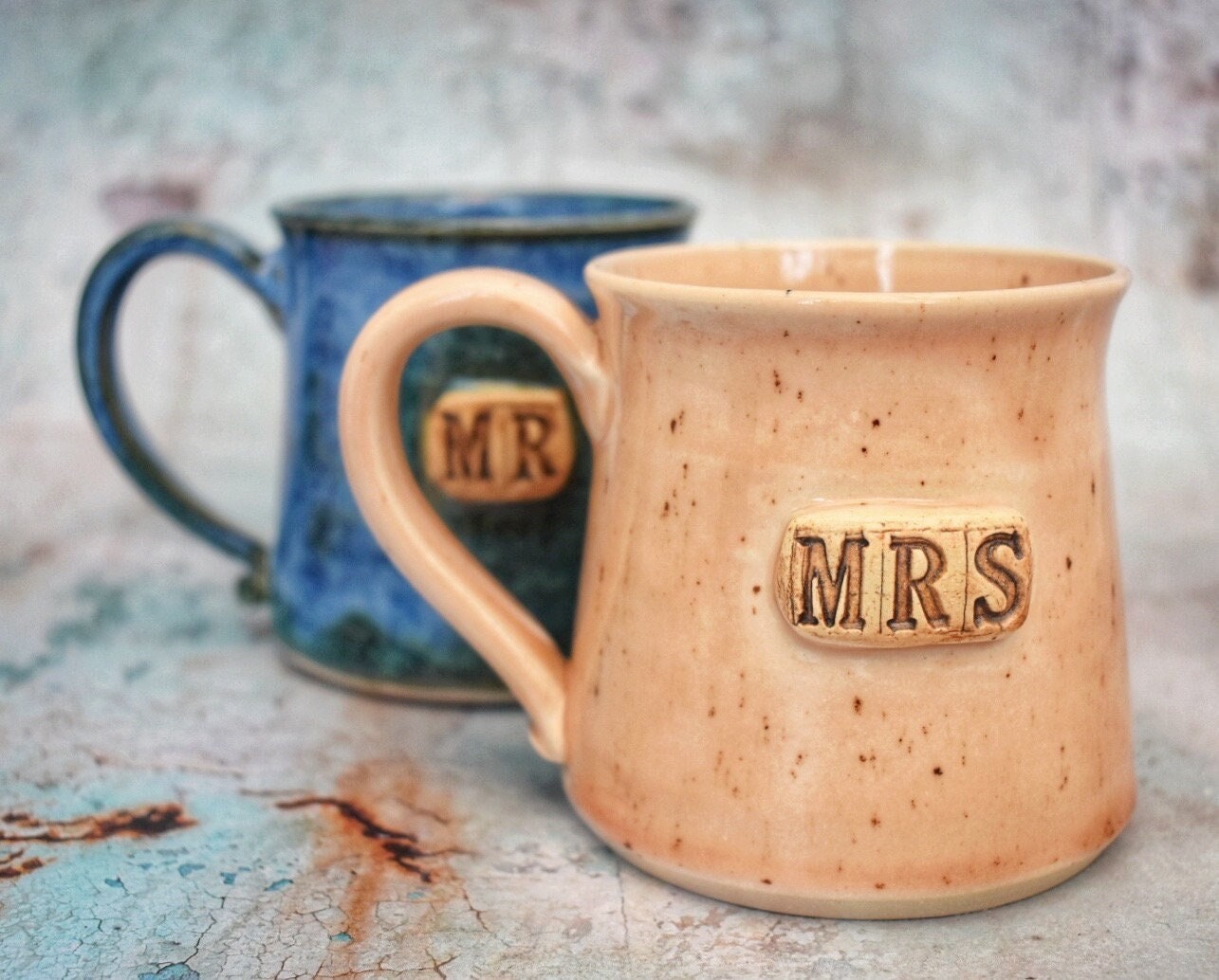 Handmade ‘MRS’ Mug, speckled pale pink glaze, 300ml Unique Wedding Gift for her, coffee cup, tea mug, Ceramic, Stoneware, UK Studio Pottery